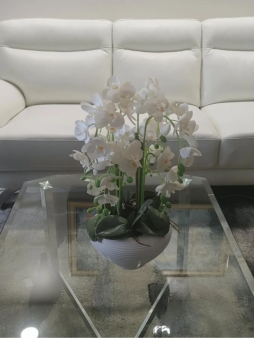 White Phalaenopsis Faux Orchid Arrangement in White Ceramic Planter